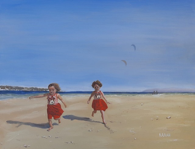 Karah Art - painting - Twin girls on beach